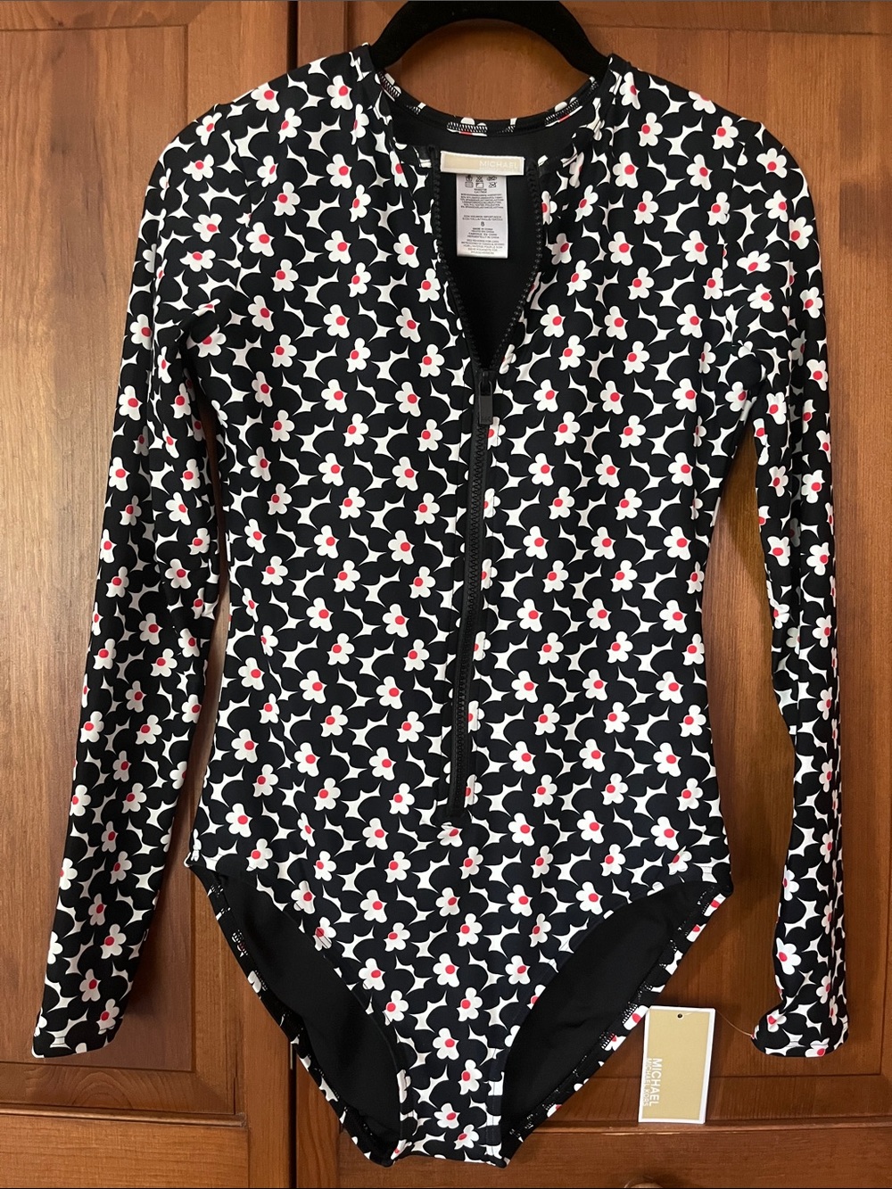 Michael KORS Black Floral Zip-Front Long Sleeve Swimsuit-size 8-NWT